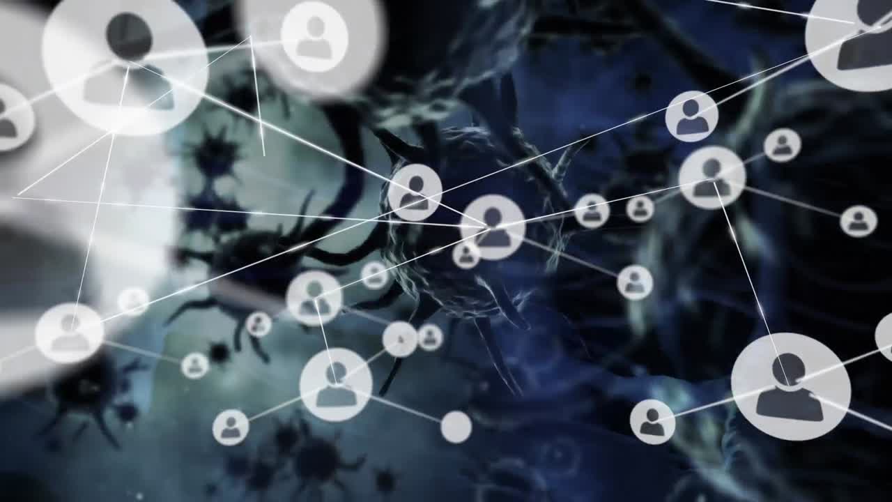 동맥과 사람 아이콘의 네트워크를 통해 퍼지는 거대 코로나바이러스 세포의 애니메이션