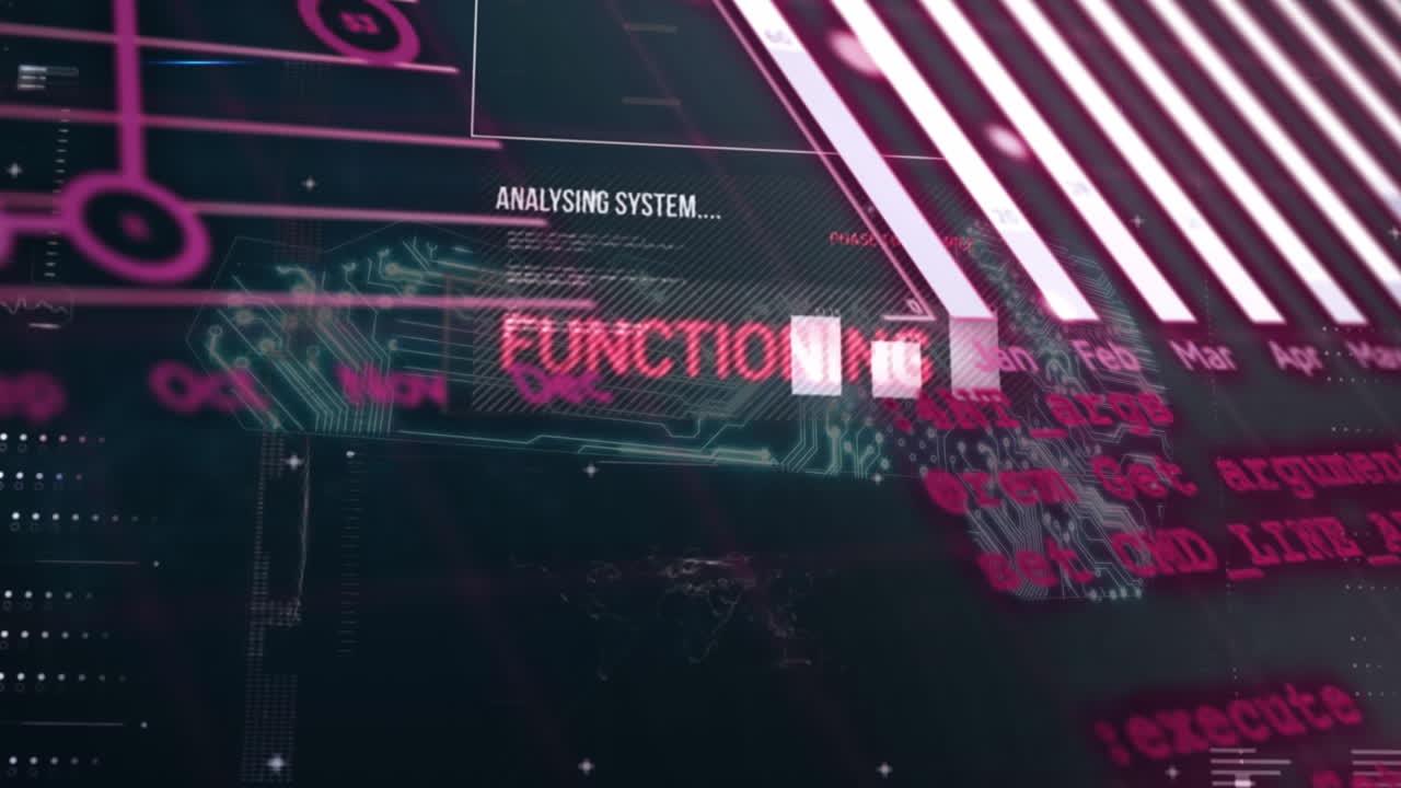 Animation of graphs and data processing over digital key on black background