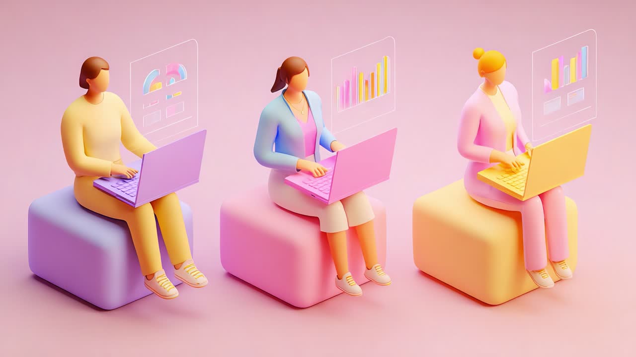 A Vibrant Animation Depicting Three Individuals Engaged with Laptops, Showcasing a Playful Workspace that Highlights Data Visualization through Colorful Graphs and Charts