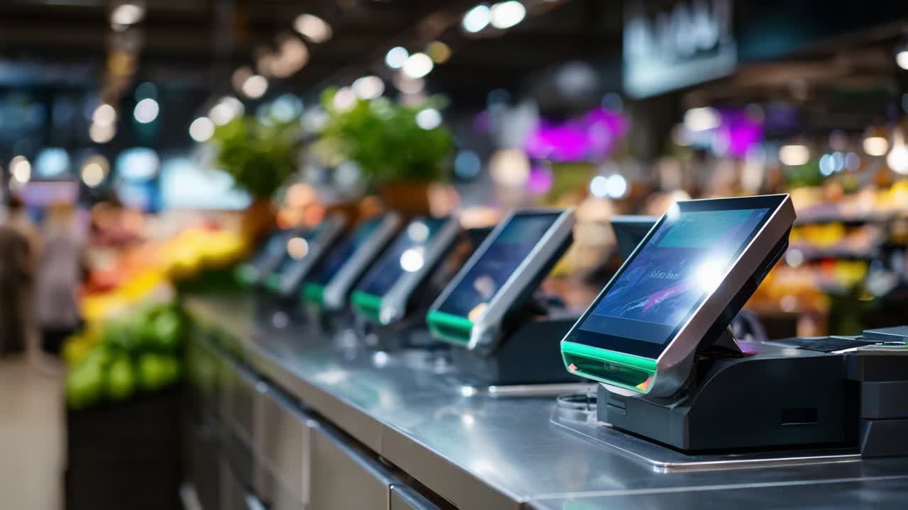 Modern Checkout Counters in a Retail Grocery Store: A Sleek Digital Interface for Seamless Transactions and Customer Experience, Enhancing Shopping Efficiency and Comfort with Innovative Technology