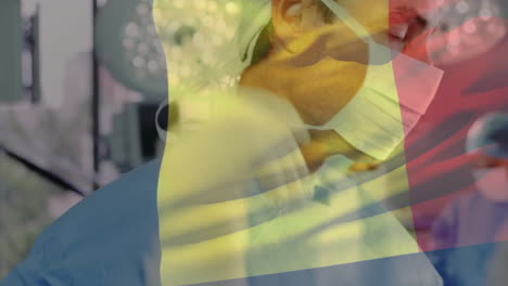 female surgeon adjusting cap straps, medical team standing, displaying animated vital sign charts