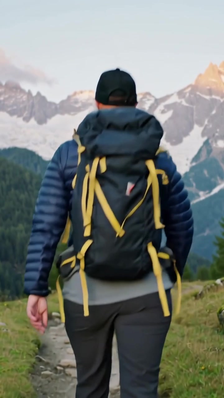 Video verticale: Dopo un passo con lo scarpone, escursionista con piumino che cammina su un sentiero di montagna con uno zaino nero verso le cime