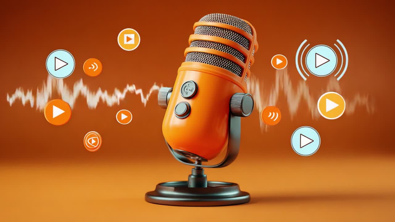 An Engaging Orange Microphone Surrounded by Sound Waves and Play Icons, Perfect for Capturing the Essence of Audio Production and Podcasting