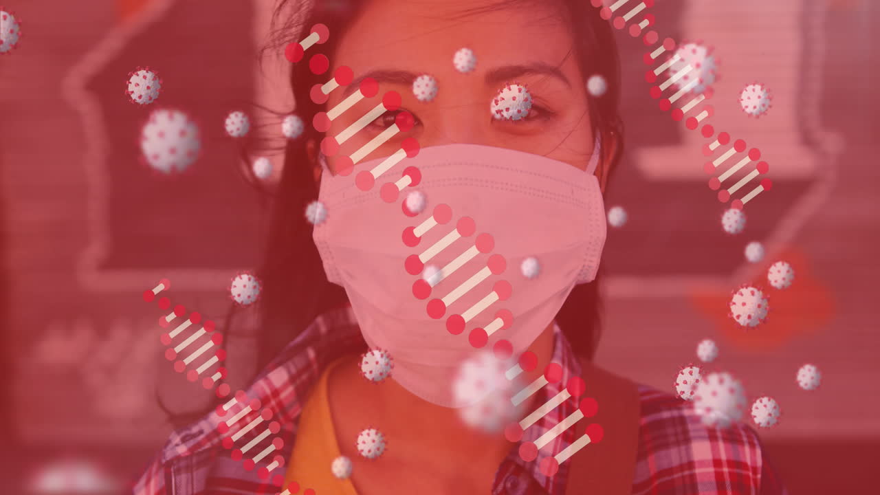 디지털 애니메이션은 dna, 코로나19 및 전염병을 상징하는 마스크를 쓴 여성을 묘사합니다.