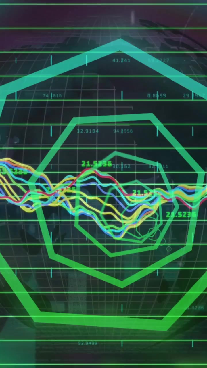 Animazione di forme e grafici al neon su sfondo nero.