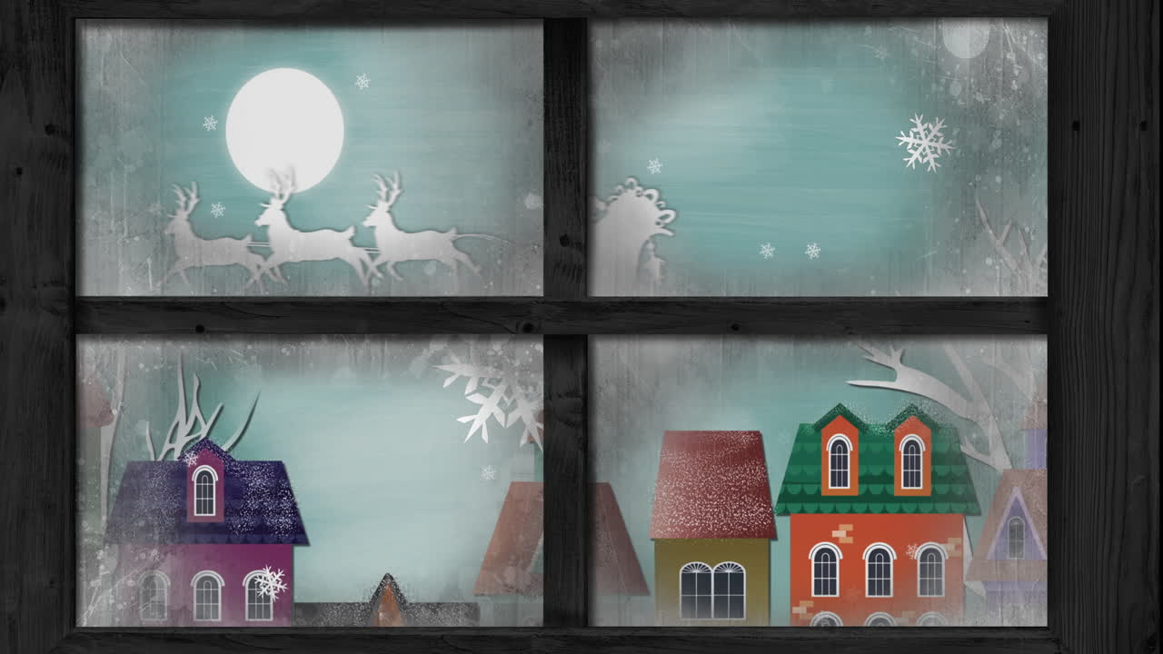 Animation of white silhouette on santa claus in sleigh being pulled by reindeer with winter scenery