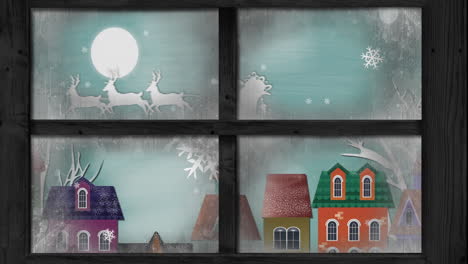 animación de silueta blanca de santa claus en trineo tirado por renos con paisajes de invierno