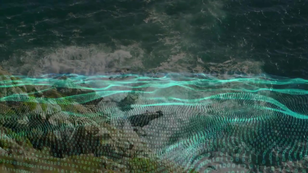 Breaking waves starting cyan dotted grid sweeping over rocky nearshore, showing surf patterns