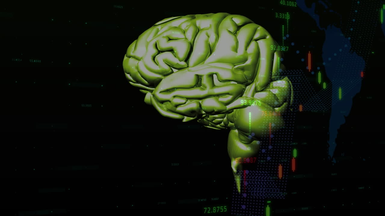 Animation of graph over rotating brain on black background