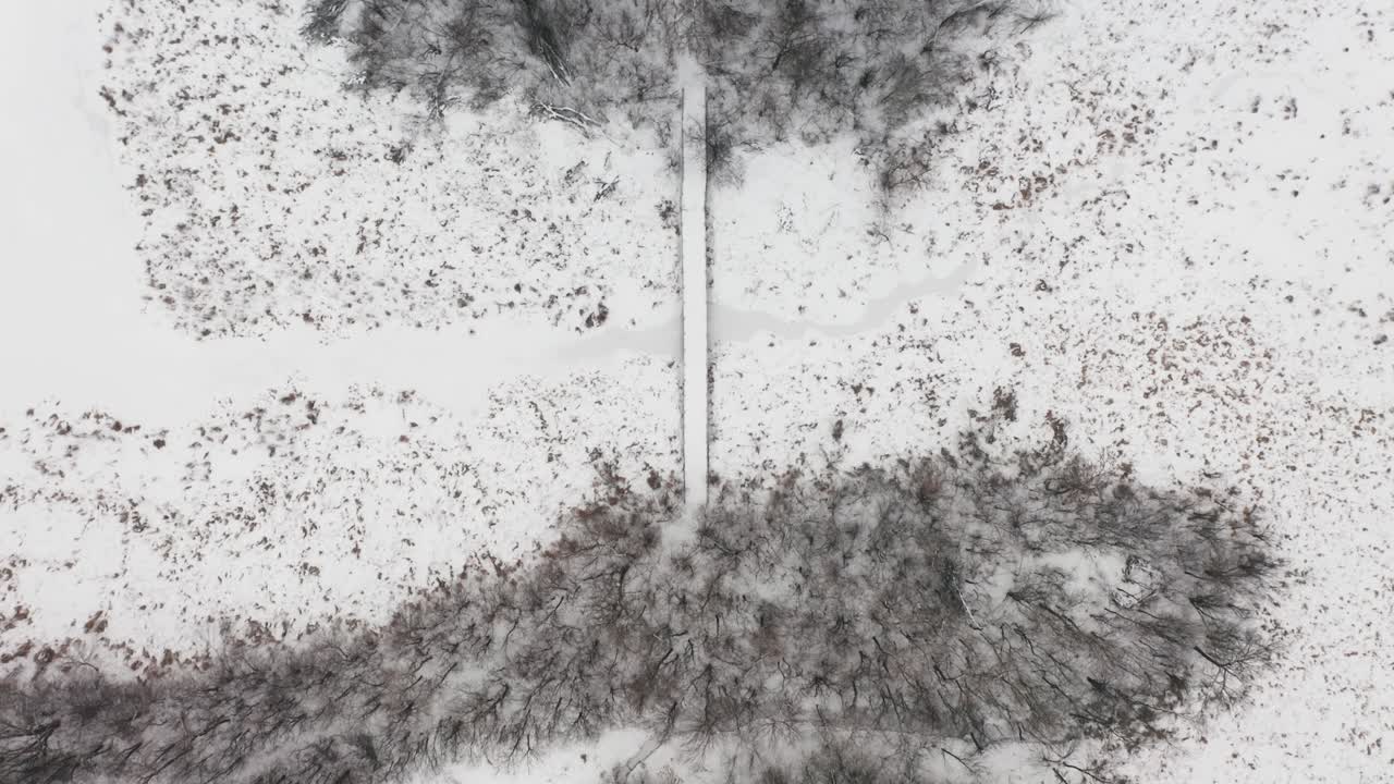 공중 하향식, 겨울 숲에서 눈으로 덮인 다리