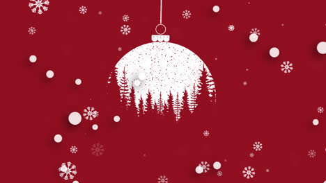 Animation-of-christmas-ball-over-snow-falling-on-red-background