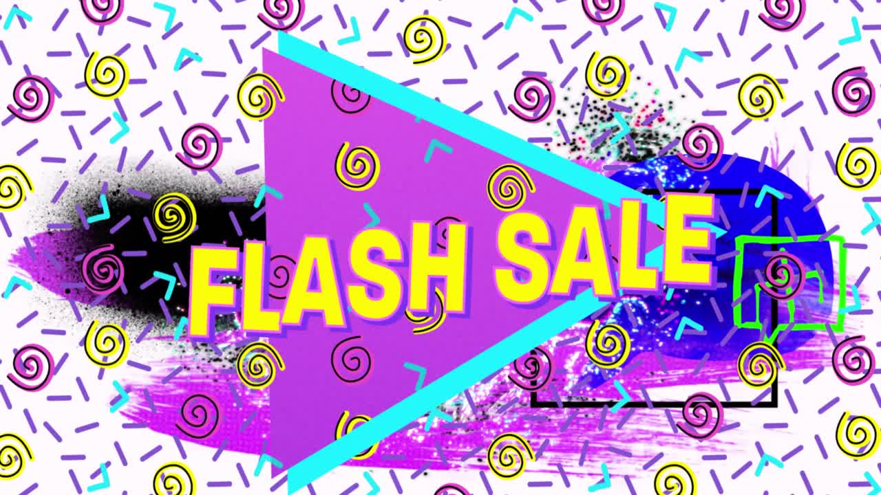 밝은 색의 레트로 패턴 위에 노란색 글자로 플래시 판매 텍스트의 애니메이션