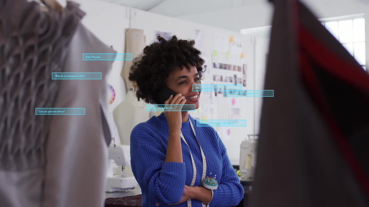 Animation of chat texts over biracial businesswoman talking on smartphone