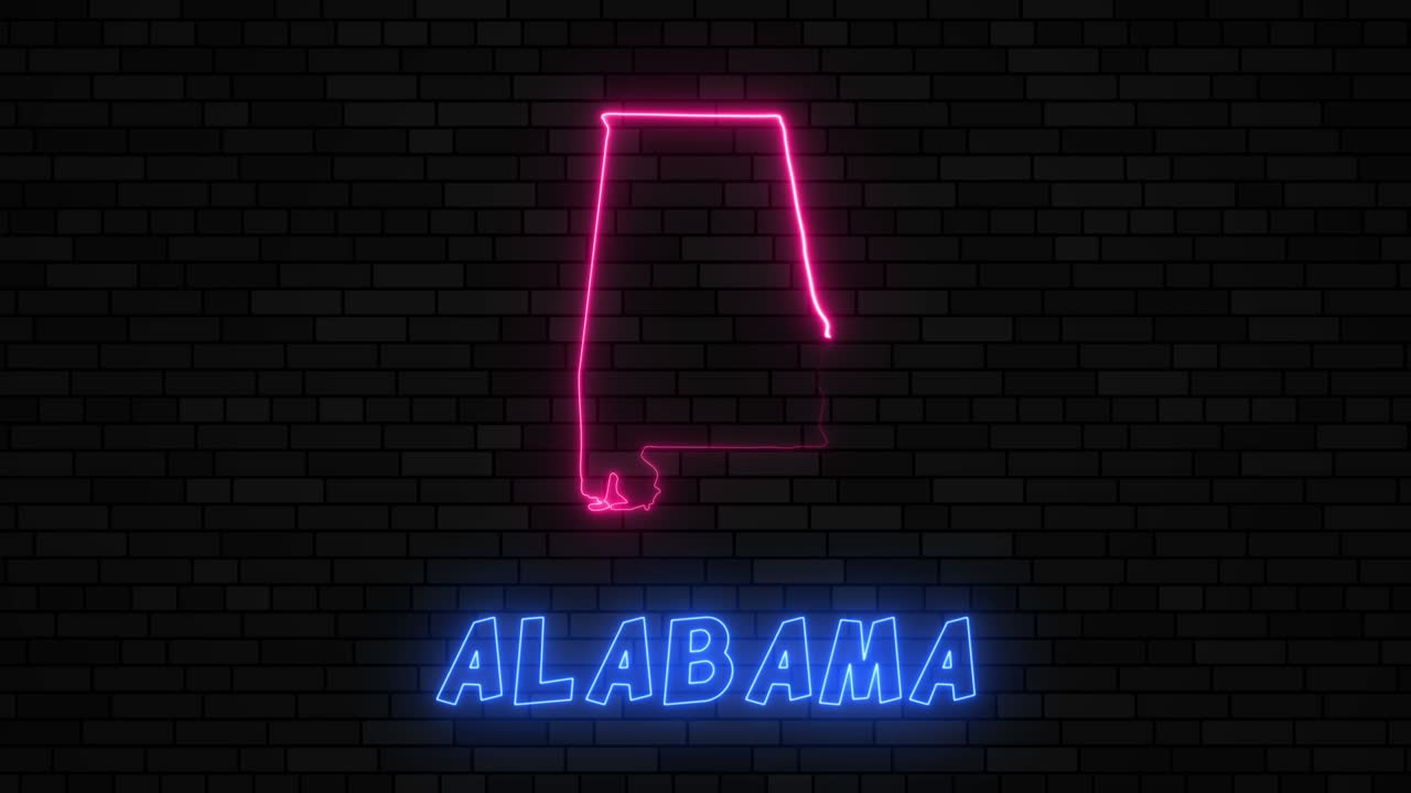 estado de alabama mapa silueta con línea de neón en un fondo de pared de ladrillo oscuro