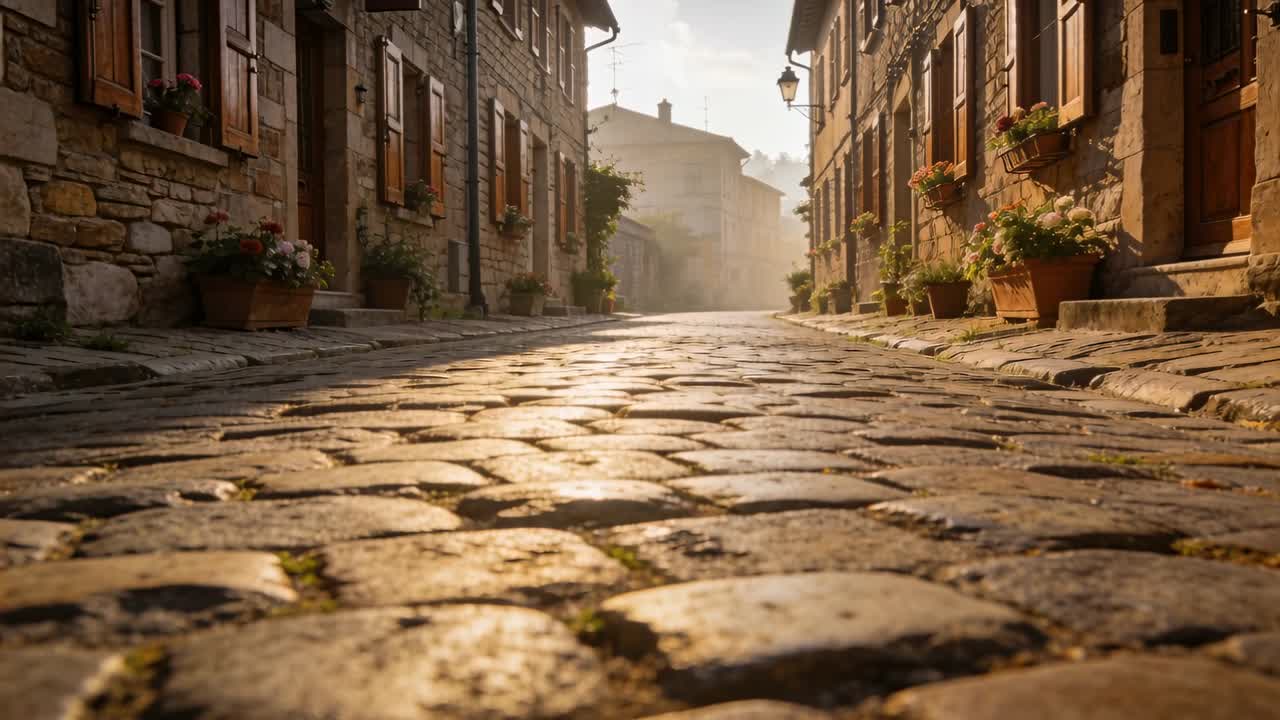 Câmera em ângulo baixo começa a acompanhar pavimento de paralelepípedos molhado ao longo de rua histórica, revelando o final iluminado pelo sol.