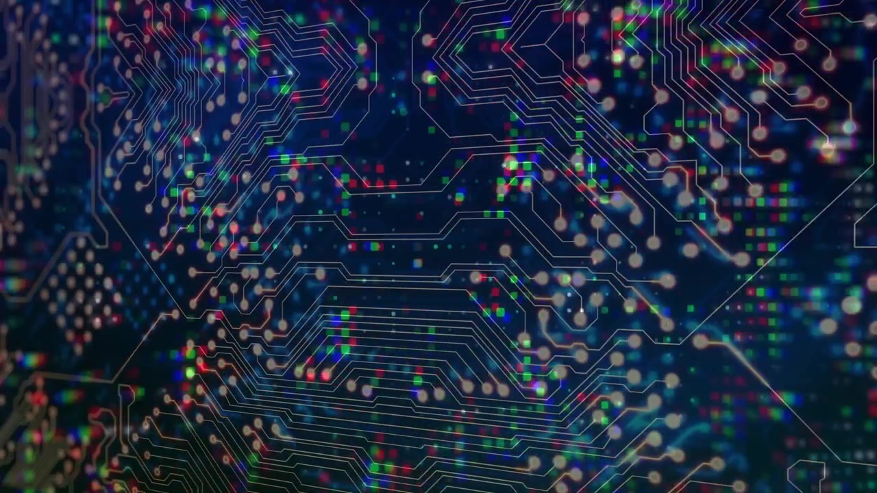 Cam initiating drift and zoom, revealing PCB diamond pads while RGB pixels pulsing visualizing data