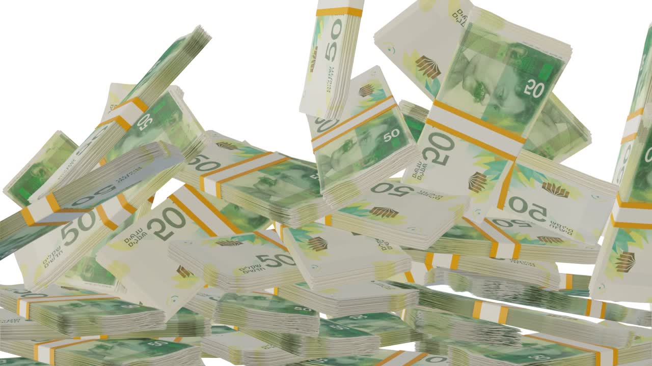 Mange bundter penge falder ned på et bord. 50 israelske shekel-pengesedler. Pengestakke.
