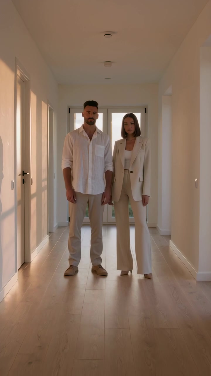 Video vertical: Pareja de pie posando mientras una luz cálida ilumina un pasillo con puerta de cristal, en tonos neutros.