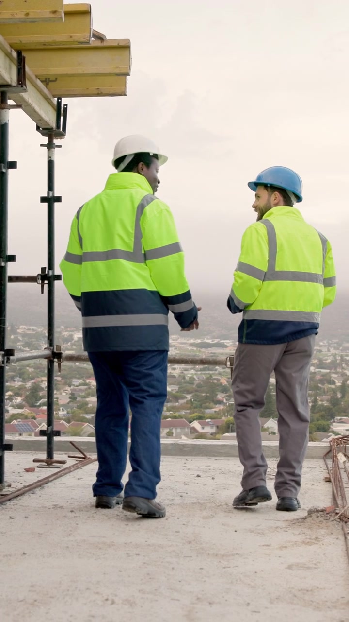 Construction Workers Discussing Project Plans on Building Site