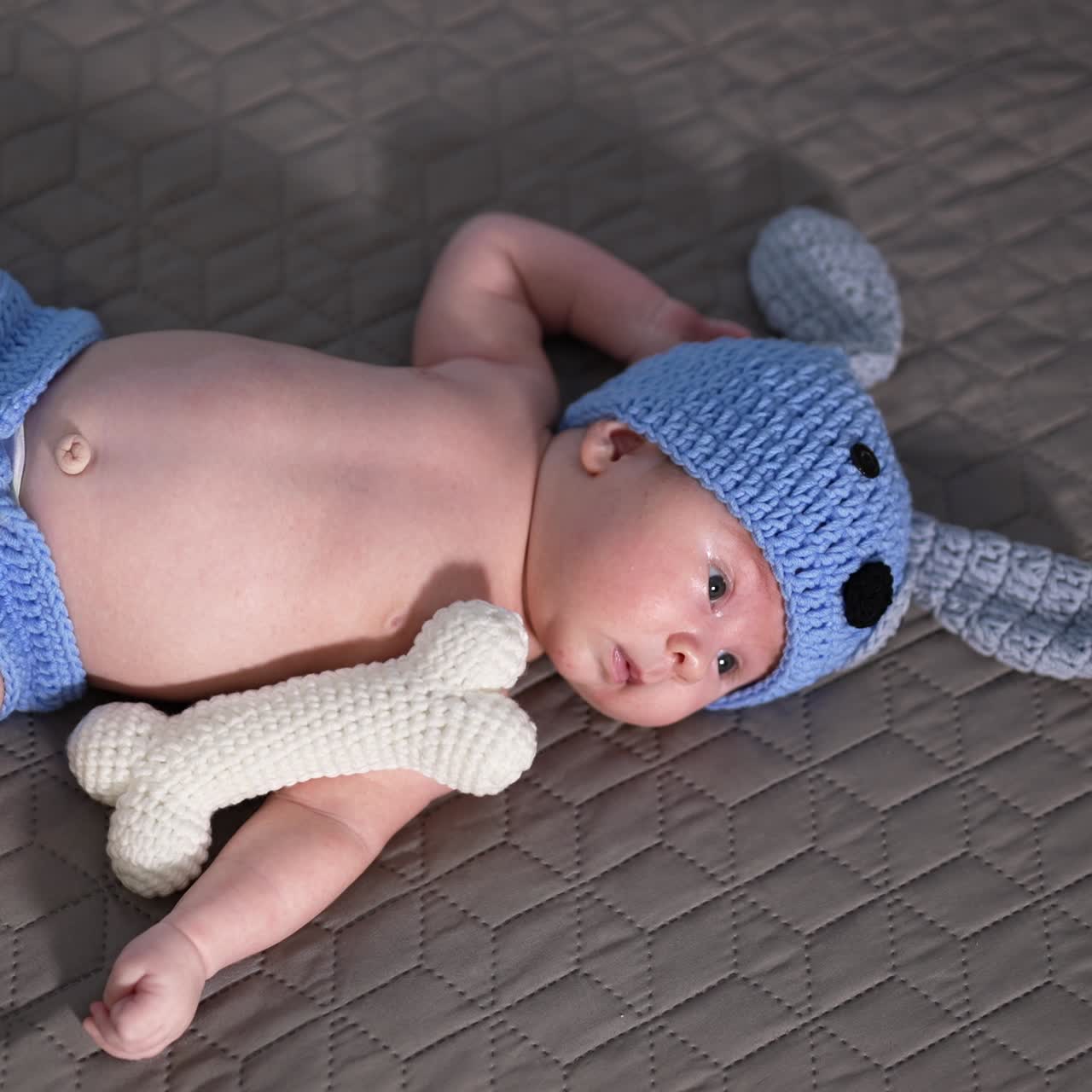 Infant in a blue knitted costume lying on the bed. White knitted toy bone near baby's hand. Sweet baby on the grey background