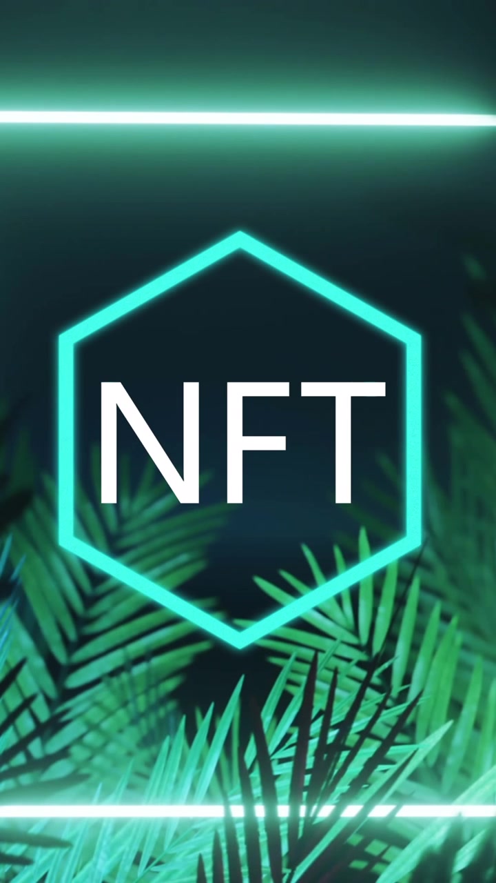 Animazione di simbolo NFT e quadrato al neon blu, su foglie di palma su sfondo nero.