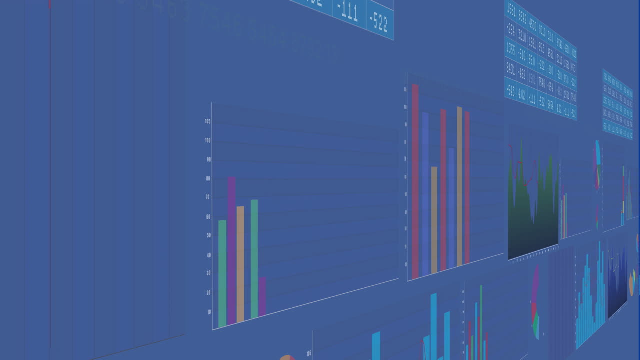 Animation of financial data processing over blue background