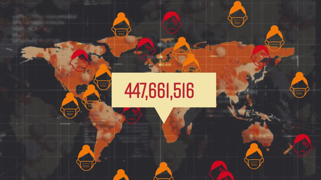 Animation of the world map over red and orange icons and a bubble speech