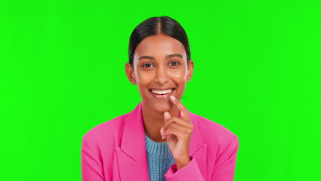 Thinking, agreement and face of woman in green