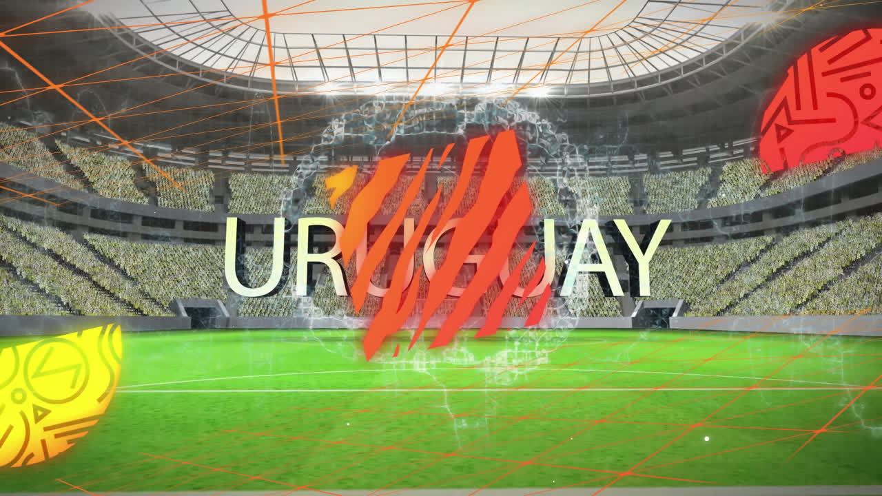 Abstract patterns and text animation over soccer stadium with green field