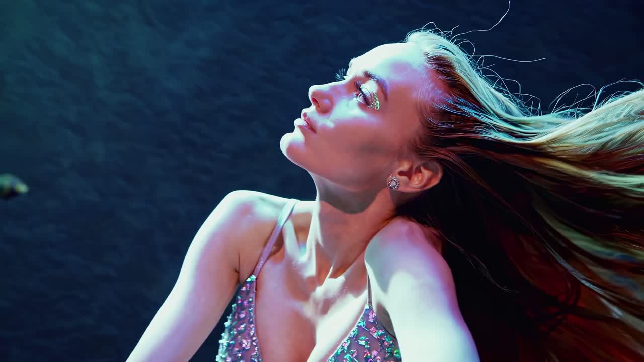 A woman in a shimmering dress gazes upward in a side profile, captured in a close-up angle