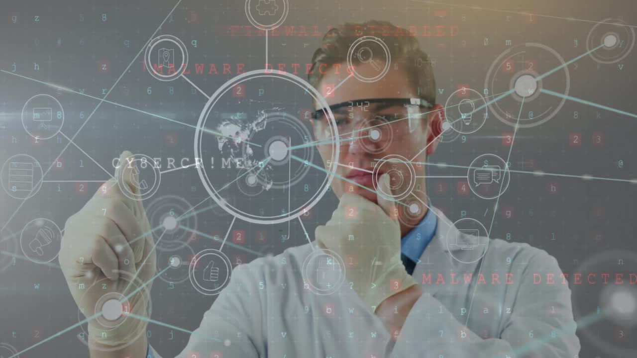 red de iconos digitales contra un médico caucásico tocando una pantalla invisible