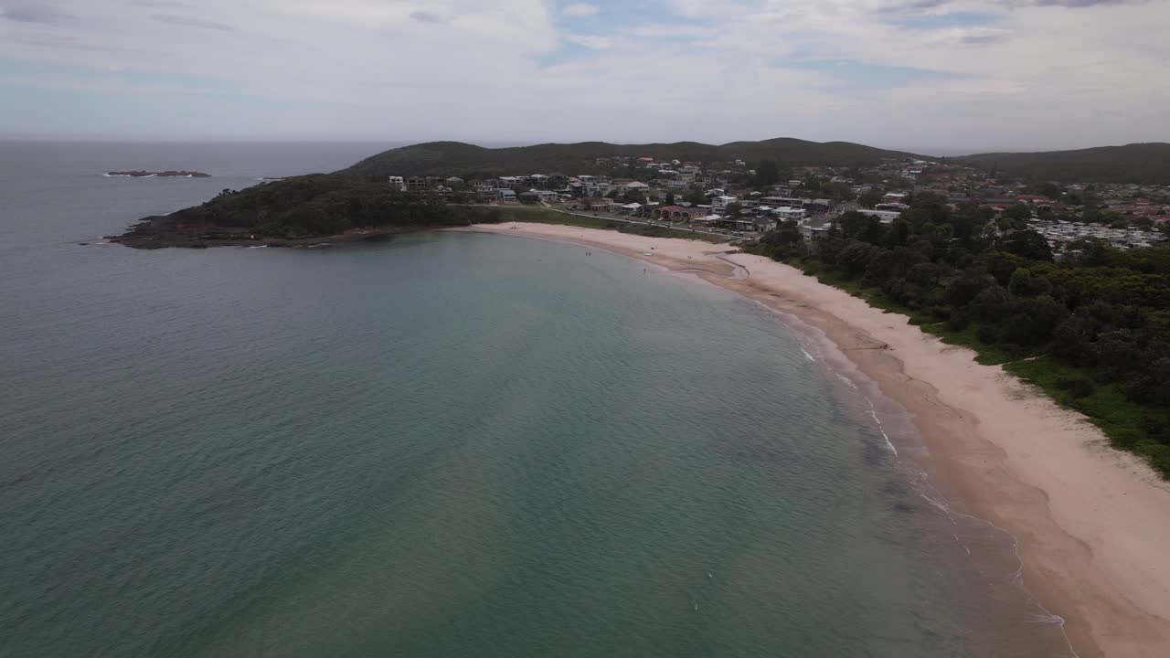 Aerial View Of Fingal Bay On A Cloudy Day In New South Wales, Australia - Drone Shot