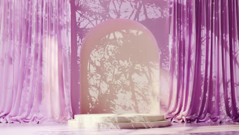 Empty-white-podium-with-arch-on-pink-floor-and-draped-curtains,-with-tree-shadows