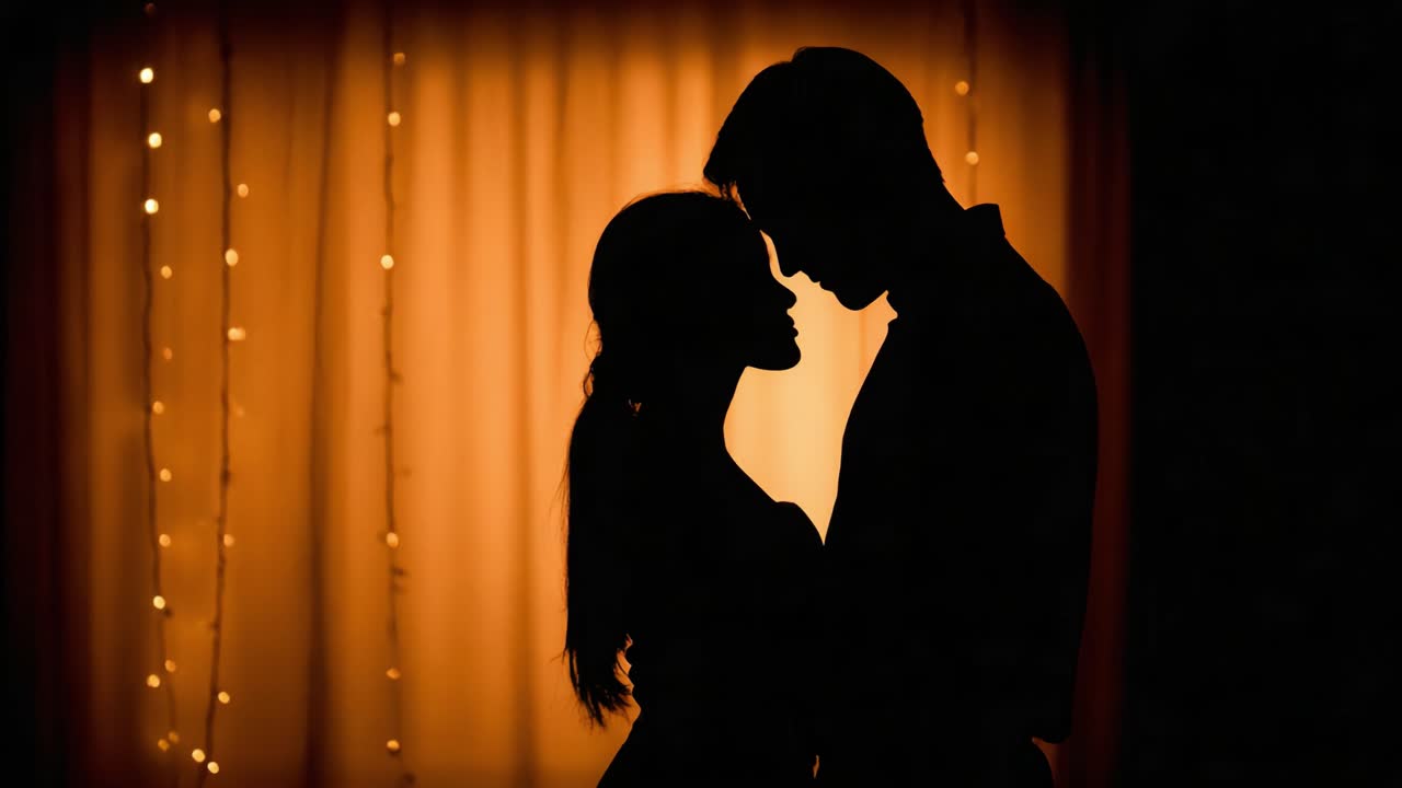 A Romantic Embrace: Two Silhouetted Figures Sharing an Intimate Moment Under Soft Lighting, Capturing the Essence of Love and Connection in a Dimly Lit Room