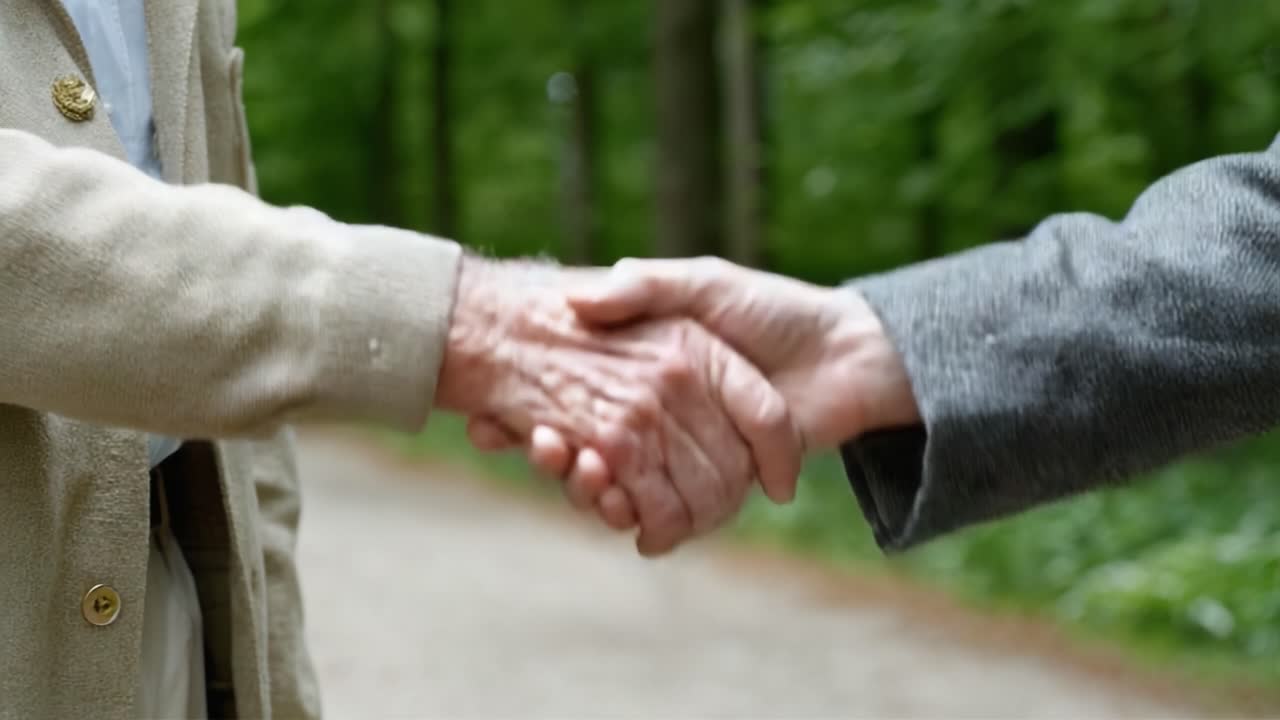 A Meaningful Handshake Between Two Individuals Symbolizing Connection, Trust, and Friendship in a Serene Nature Setting with Greenery and Tranquility Surrounding Them