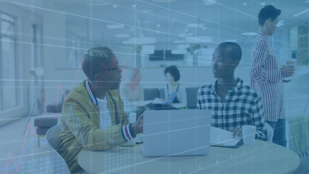 Animation of financial data processing over diverse colleagues discussing work in office