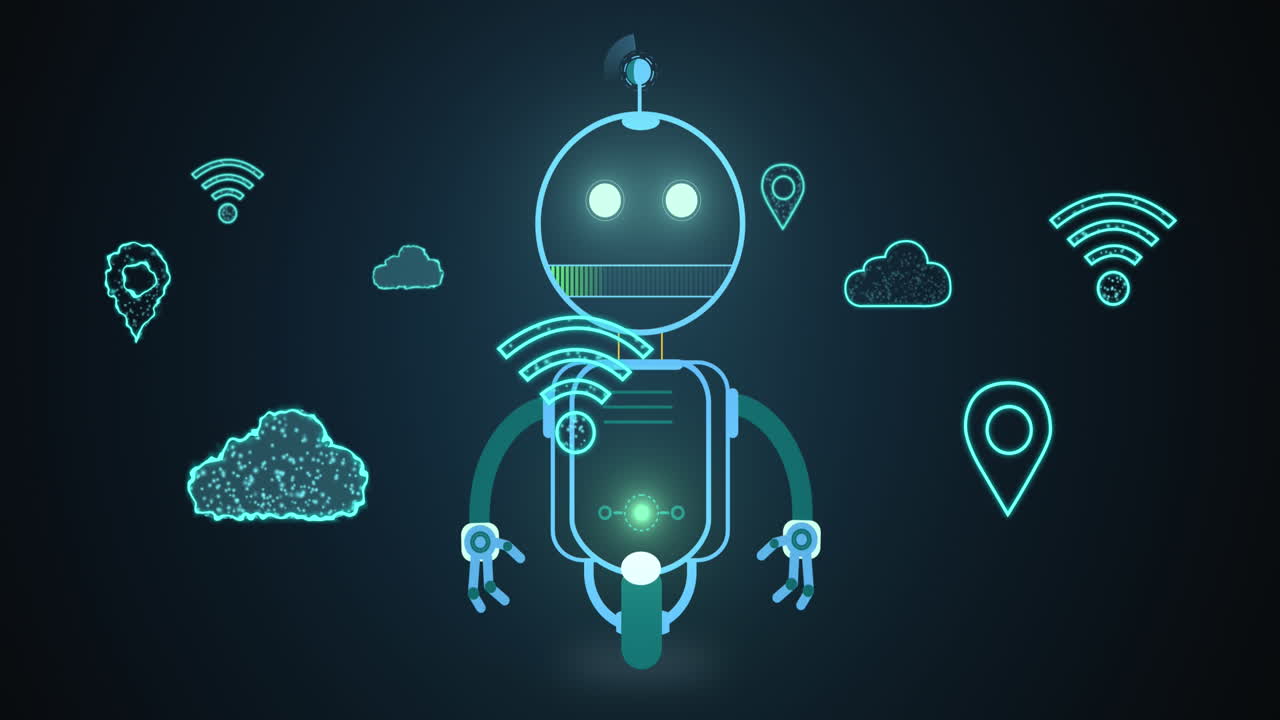 Animation of ai chatbot icon and digital cloud and wifi icons