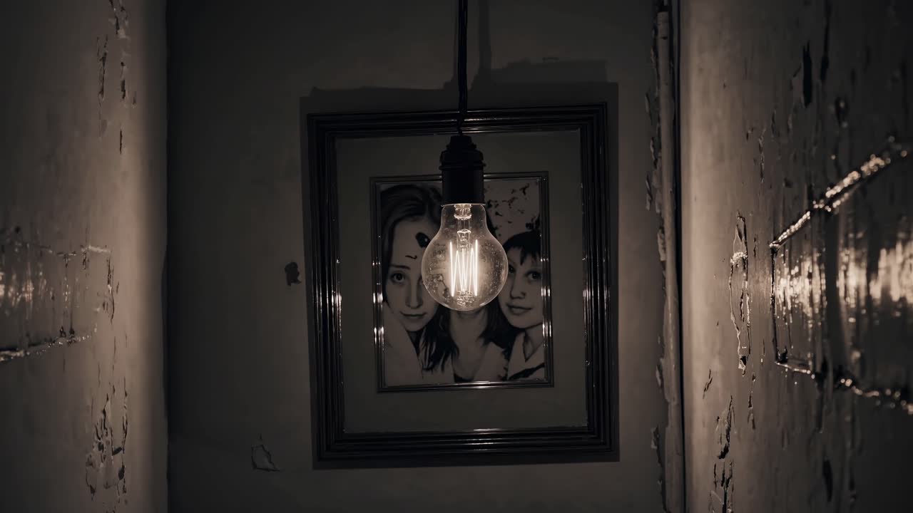Dimly lit corridor with a hanging light bulb illuminating a framed artwork, showcasing a gradual shift in light and shadow, enhancing the atmosphere of mystery and intrigue