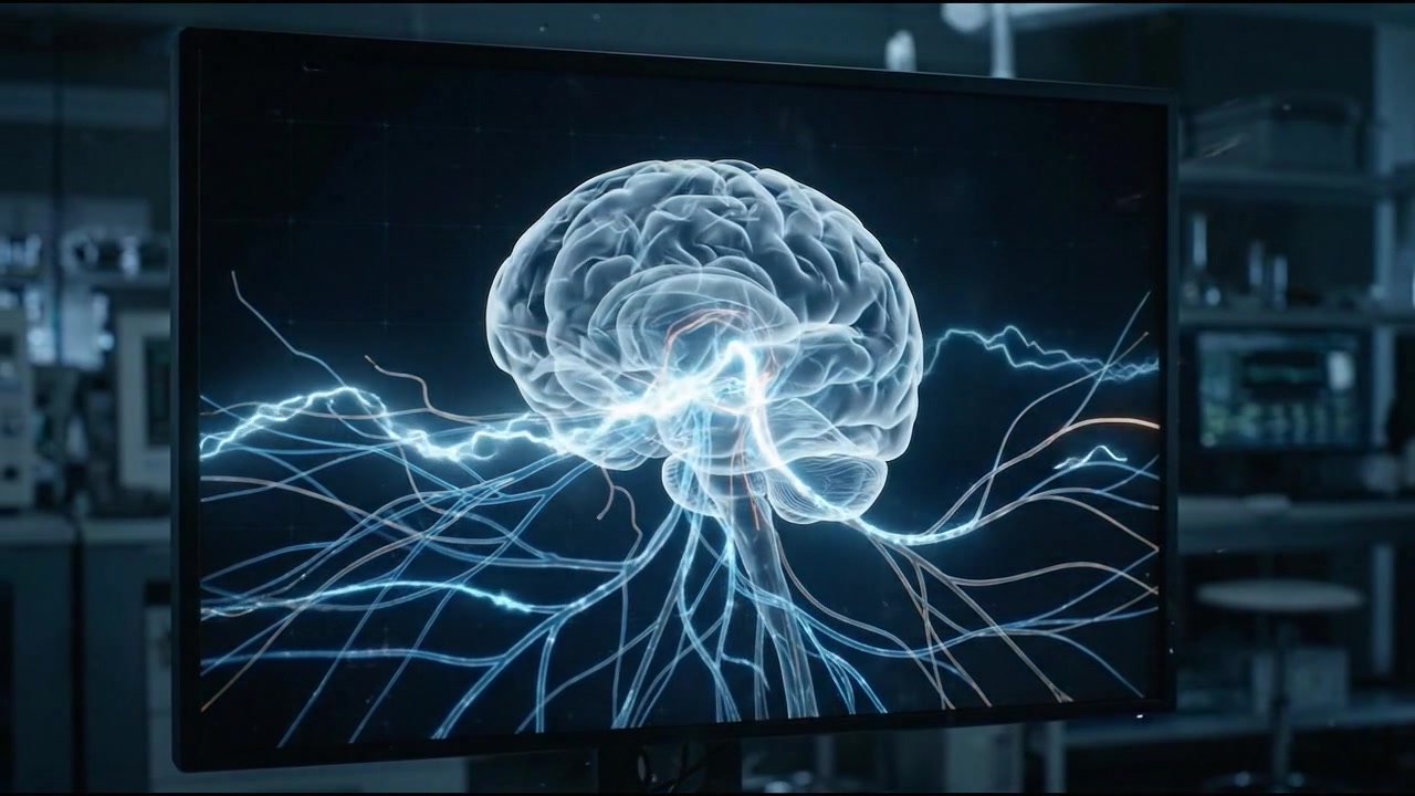 Blue neural brain network extending into luminous digital connection lines