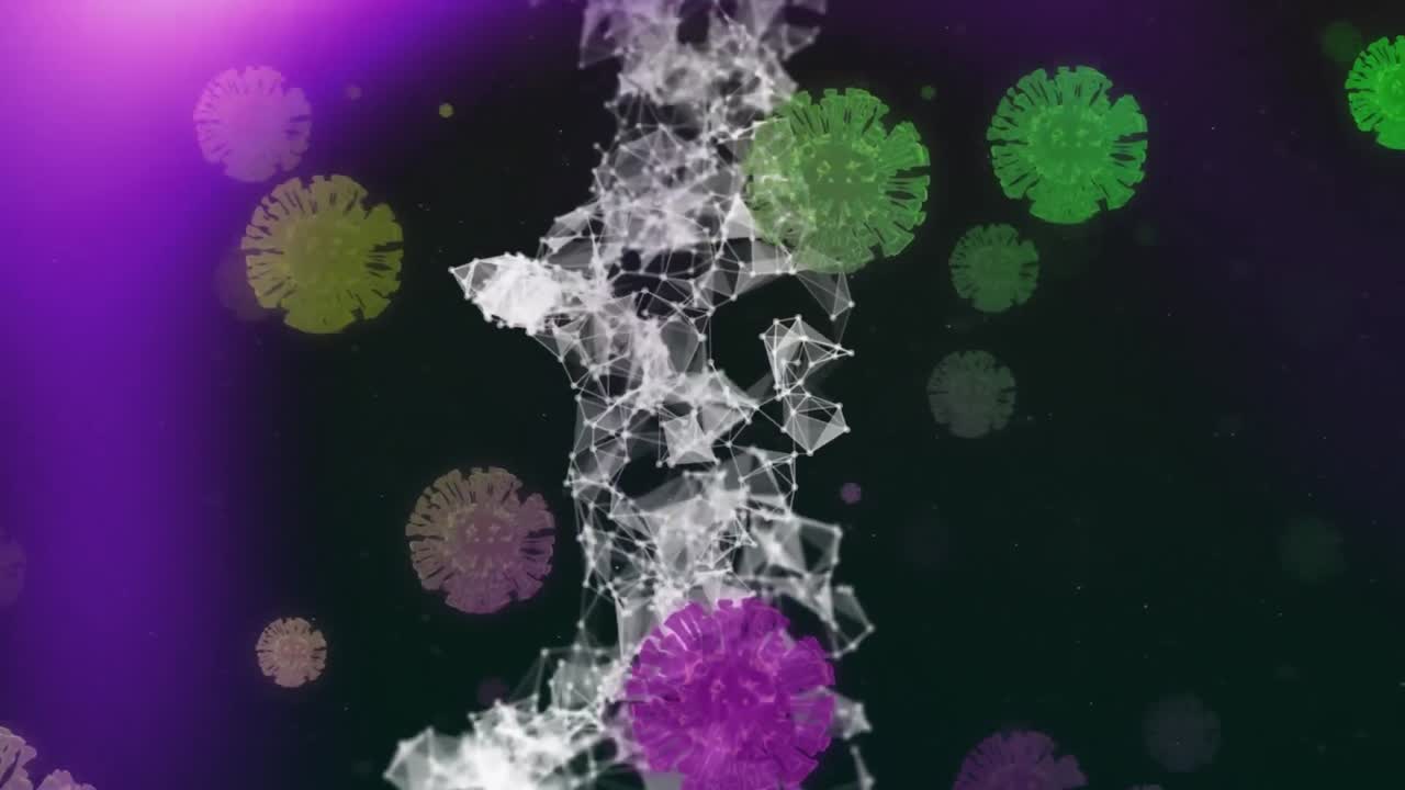 animación de gráficos y bacterias de coronavirus volando sobre el fondo de gradiente.