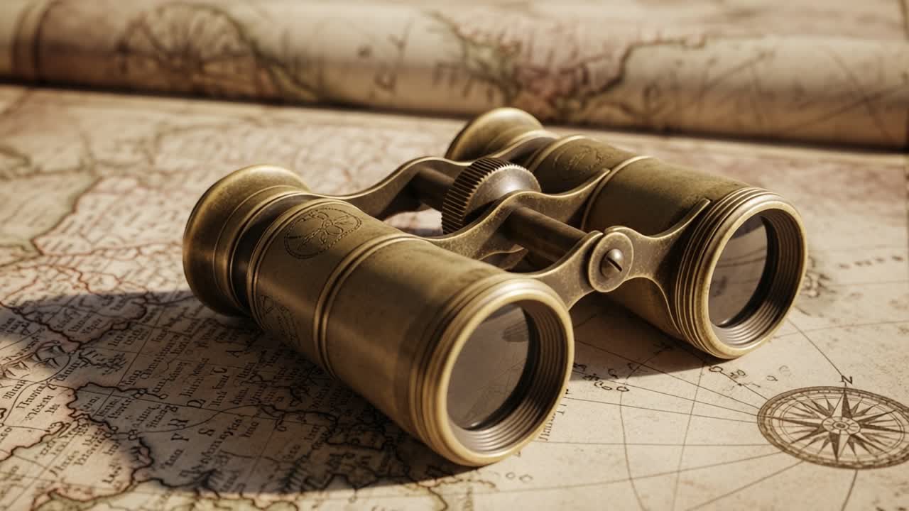 A close look at vintage brass binoculars resting on an antique map, drawing attention to exploration and the allure of distant lands