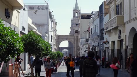 arches of basilica cathedral over mercaderes street in arequipa, peru