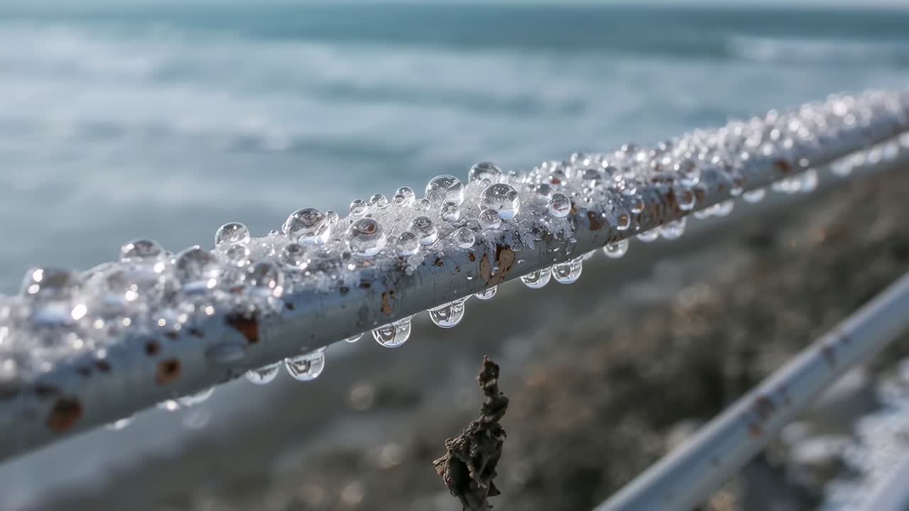 Spostamento della messa a fuoco della fotocamera su un binario arrugginito vicino alla costa, rivelando goccioline luccicanti che riflettono il litorale