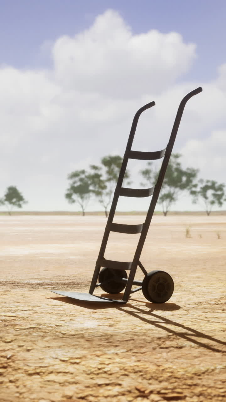 Lonely dolly stands resilient on parched land under a bright blue sky