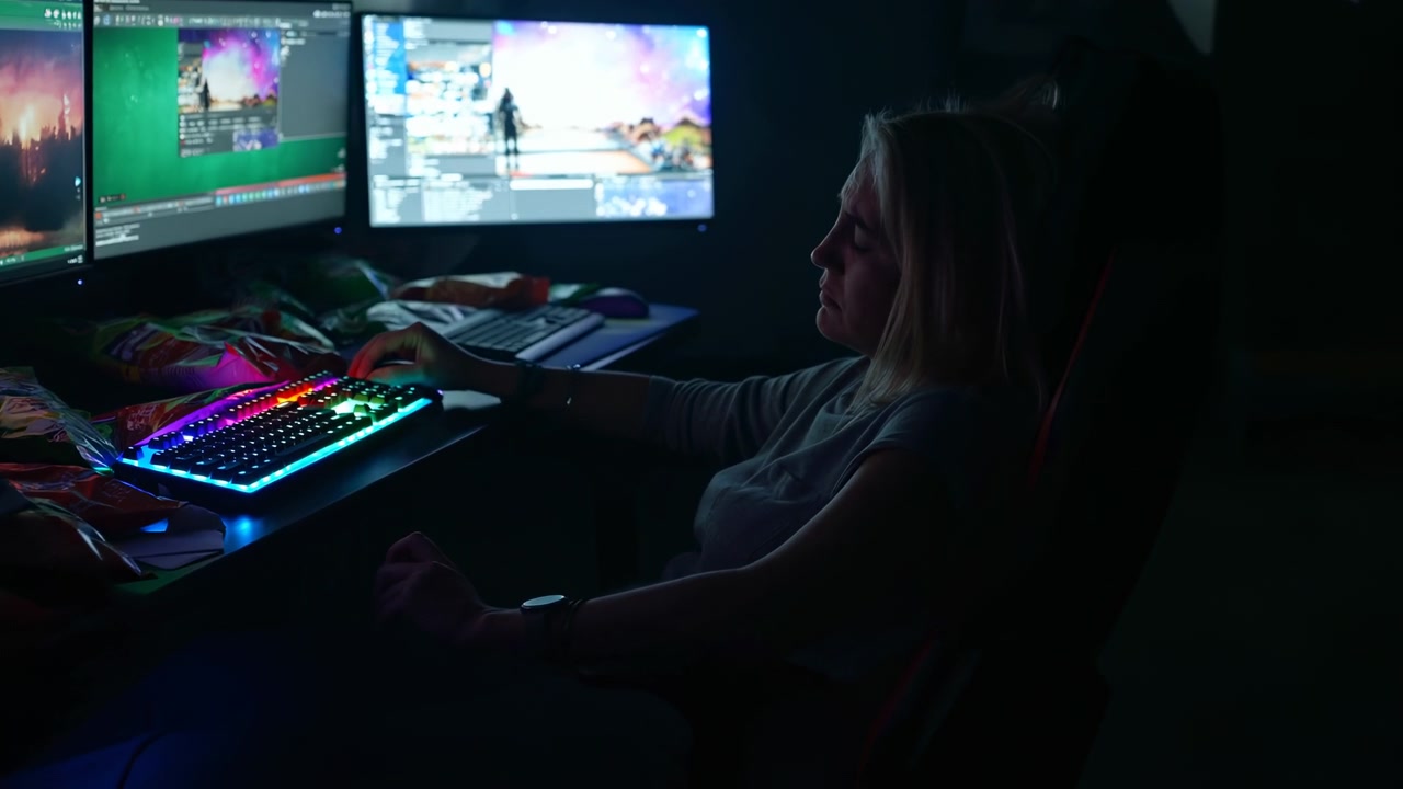 Young woman seated at a dark home workstation reaches toward a glowing RGB keyboard while multiple monitors cast colorful light across the desk and surrounding room