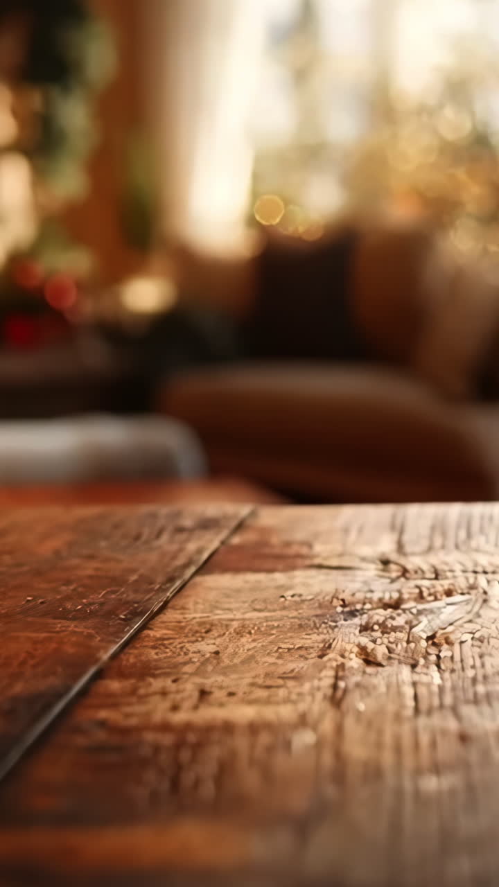 A wooden table with a fireplace in the background. The table is empty and the fireplace is lit. Scene is cozy and warm