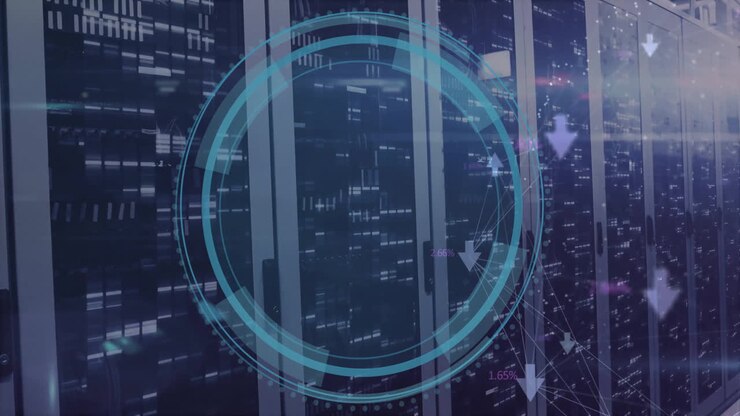 Animation of shield and arrows over server room