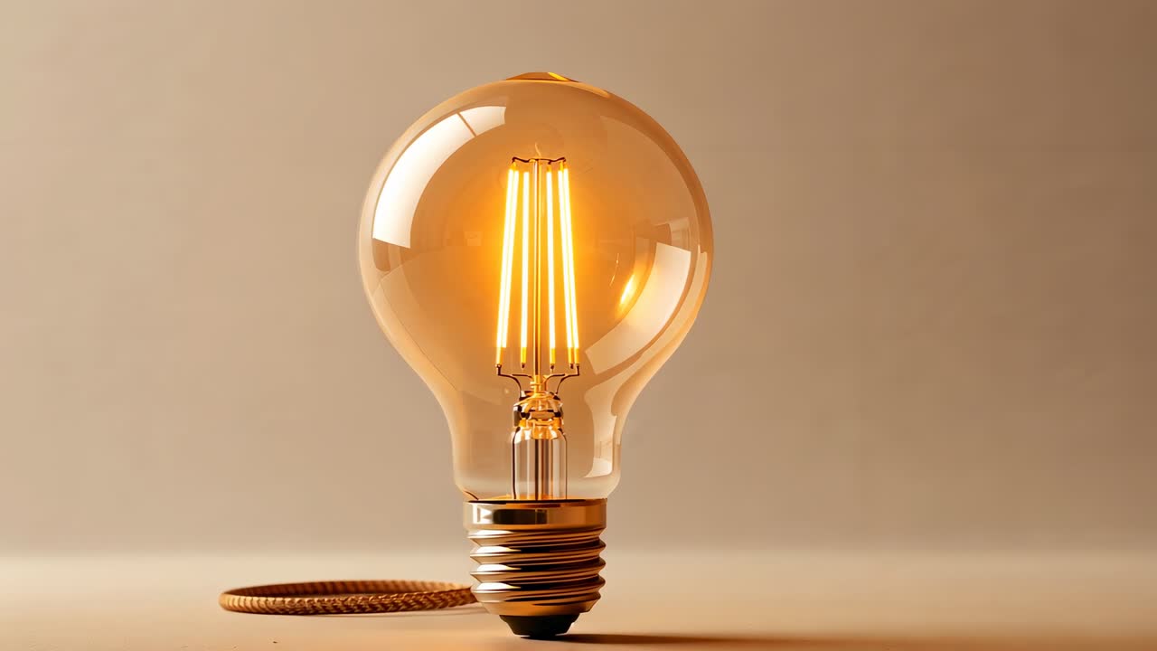 Attivazione di filamenti che emettono una calda luce ambrata su un tavolo beige liscio, che mostra una lampadina vintage
