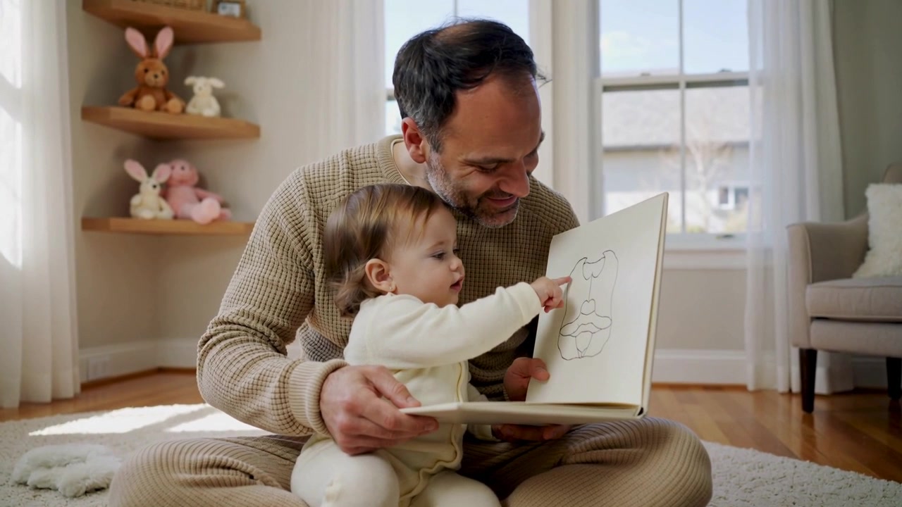 Abriendo un libro ilustrado, un padre con suéter beige guiando a un bebé en mameluco que señala un dibujo en la alfombra.