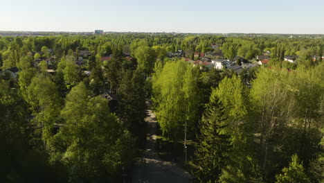 drone rising and revealing a neighborhood of houses in middle of spring colored trees